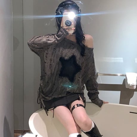 ロンT ダメージ加工 スター 星 ドローストリング ドロスト ダメージトップス プルオーバー tシャツ オーバーサイズ ルーズ 長袖 レトロ 大人可愛い ガーリー DTCA-837831882209