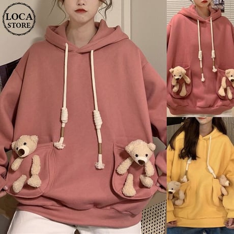 パーカー 裏起毛 クマのぬいぐるみ ベアー プルオーバー 長袖 ルーズ 韓国ファッション レディース スウェット ゆったり 大きめ カジュアル ストリート系 DTC-629418331286