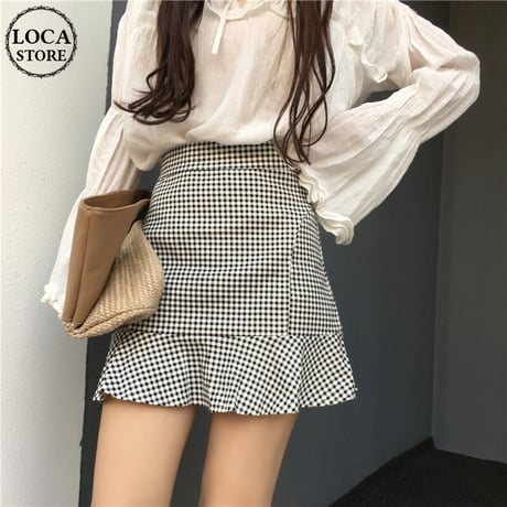 フィッシュテールスカート チェック柄 韓国ファッション レディース フリル Aライン スカート ハイウエスト ショート丈 大人可愛い ガーリー DTC-589035834159