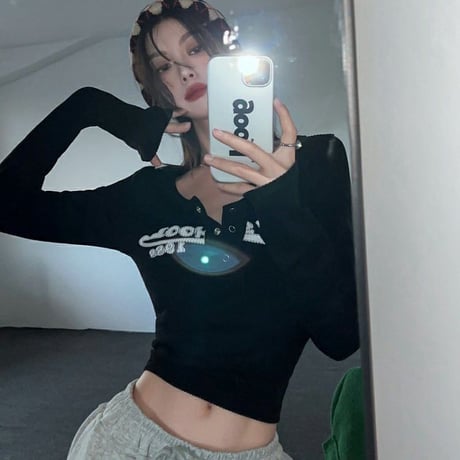 トップス ヘンリーネック ショート丈 ロンT スリムフィット tシャツ ロゴプリント 長袖 レトロ 韓国ファッション レディース 大人可愛い ガーリー DTCA-679030212102