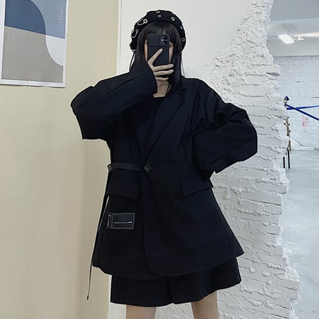 サイドベルト テーラードジャケット ユニセックス 韓国ファッション レディース メンズ シングルブレスト ルーズ ゆったり フォーマル 大人可愛い ガーリー DTC-625445762684