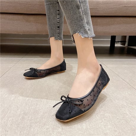 ドット柄 フラットパンプス メッシュ リボン フラットシューズ 22.5～25.5cm ローヒール パンプス 大人可愛い ガーリー 韓国ファッション レディース DTC-644142227857