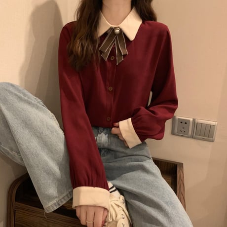 シャツ ブラウス リボンタイ パフスリーブ ルーズ 長袖 レトロ 韓国ファッション レディース 大人可愛い ガーリー DTC-659642910608