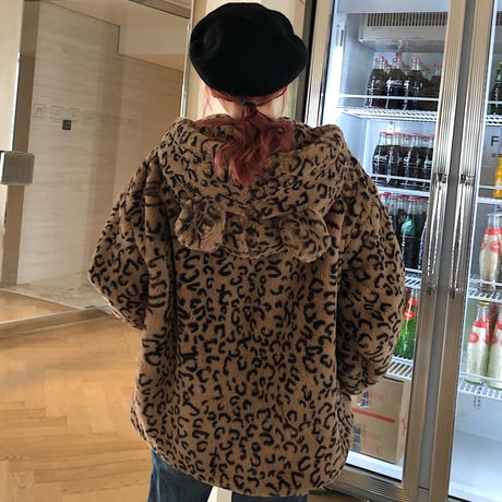 レオパード 耳付き ボアパーカー フェイクファー オーバーサイズ 韓国ファッション レディース ボアブルゾン ジップアップ ヒョウ柄 防寒 大人可愛い ガーリー DTC-627657068160