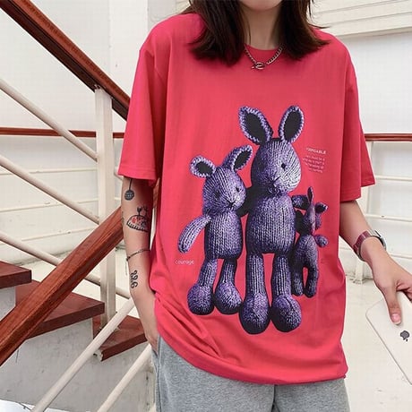 ユニセックス Tシャツ 半袖 メンズ レディース ラウンドネック ラビット うさぎ プリント オーバーサイズ 大きいサイズ ルーズ ストリート TBN-622458443446