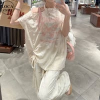 セットアップ 単品 ユーズド加工 Tシャツ ワイドパンツ ホルターネック ワンショルダー ドロスト 半袖 レトロ 韓国ファッション レディース 大人可愛い ガーリー DTC-805276142417