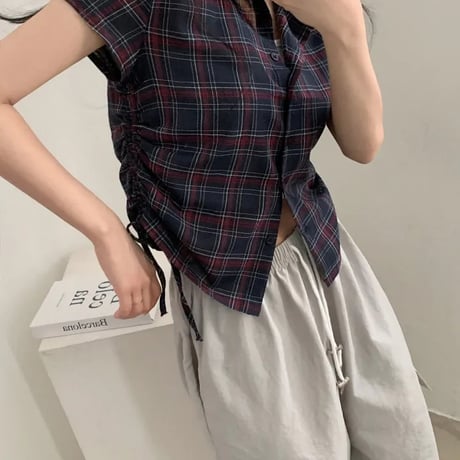 チェック柄シャツ サイドシャーリング トップス ショート丈 ドローストリング ドロスト チェックシャツ 半袖 レトロ 大人可愛い ガーリー カジュアル トレンド DTCA-925867914003