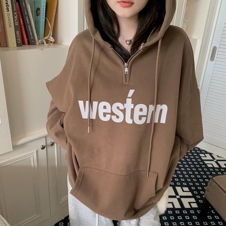 パーカー ハーフジップ プルオーバー オーバーサイズ 裏起毛 厚手 レトロ 韓国ファッション レディース 大人可愛い ガーリー カジュアル ストリート系ファッション DTC-759087593007