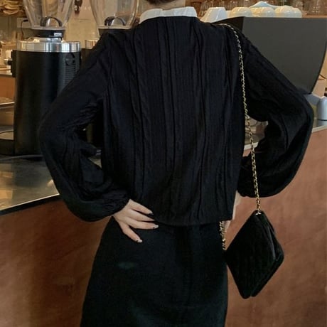 ノーカラー ブラウス シャツ パフスリーブ 長袖 レトロ 韓国ファッション レディース 大人可愛い ガーリー フェミニン DTC-666933822296