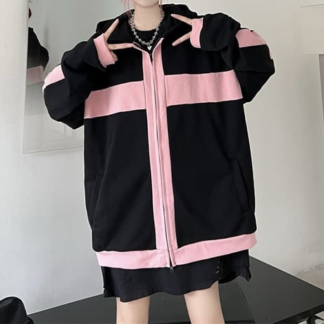ユニセックス パーカー ジップアップ バイカラー クロスデザイン オーバーサイズ カジュアル 韓国ファッション メンズ レディース 韓国ストリートファッション DTC-681105858978