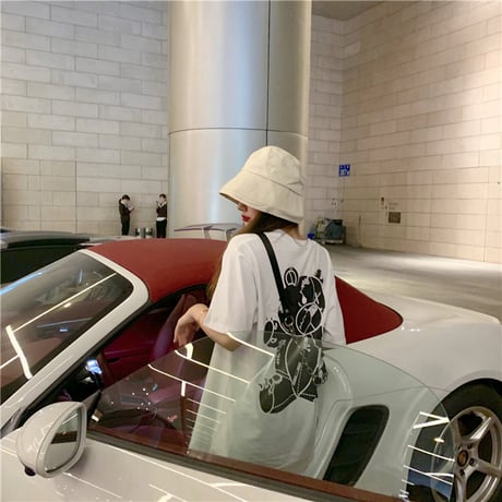 レディース 可愛いクマプリント Tシャツ ラウンドネック ゆったり 半袖 インスタ映え 韓国ファッション ホワイト ピンク (DCT-596629678942)