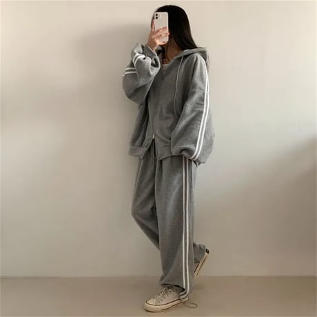 セットアップ 上下セット スウェット サイドライン ダブルジップ パーカー パンツ ジャージ ルーズ レトロ 大人可愛い ガーリー カジュアル DTCA-858330931501