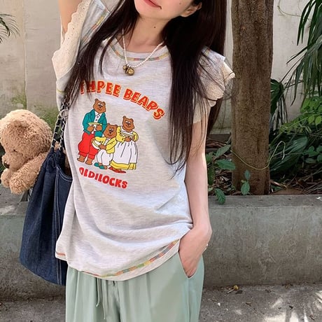 Tシャツ フライングスリーブ レース トップス ノースリーブ オーバーサイズ レトロ 韓国ファッション レディース 大人可愛い ガーリー カジュアル DTC-768900343552