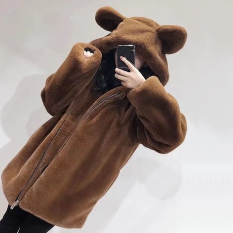 クマ耳 フード付き ボアブルゾン フェイクファー ファーブルゾン ボアジャケット アウター もこもこ ボア ゆったり レトロ 大人可愛い ガーリー カジュアル DTCA-745996723815