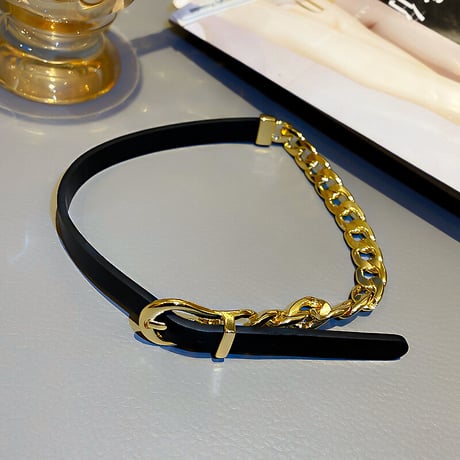 ベルトバックルモチーフ チョーカー PUレザー スネークチェーン ネックレス アクセサリー 合金 メッキ シンプル ジュエリー DTC-632733218175