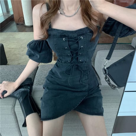 デニム ワンピース 絞り上げ 半袖 ハイウエスト パフ袖 韓国ファッション レディース 大人可愛い ガーリー DTC-643037180623