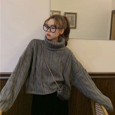 タートルネック ニット ケーブル編み プルオーバー ハイネック トップス セーター ルーズ 長袖 秋 冬 レトロ 大人可愛い ガーリー カジュアル DTCA-854780048696