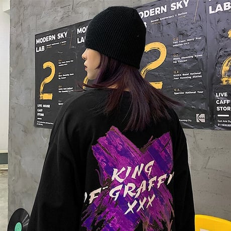 ユニセックス 長袖Tシャツ ×ペイント Tシャツ バツペイント 長袖 オーバーサイズ 韓国ファッション メンズ レディース 韓国ストリートファッション DTC-610859198983