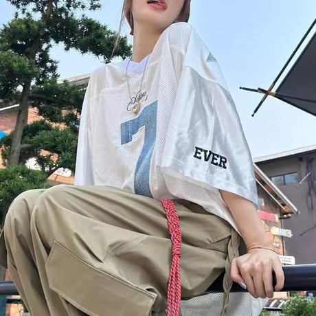 Tシャツ ユニフォーム風 Vネック ナンバリング ロゴ ドロップショルダー トップス 半袖 オーバーサイズ ビッグシルエット レトロ カジュアル ストリート女子 DTCA-950630332965