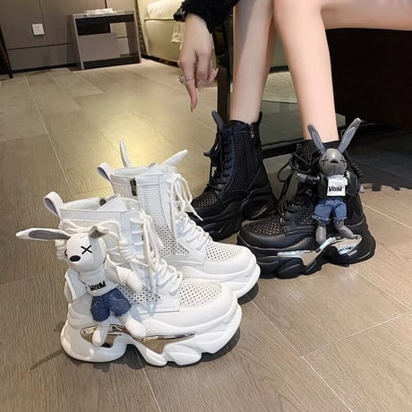 厚底 ショートブーツ 22.0～24.5cm メッシュ ぬいぐるみ付き サイドジップ レースアップ カジュアル 韓国ファッション レディース 歩きやすい おしゃれ DTC-698506329895