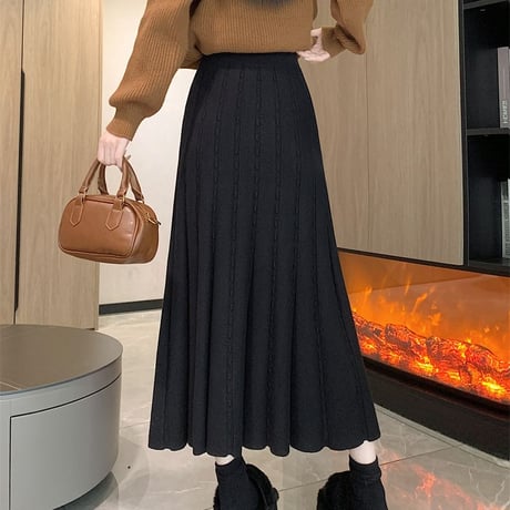 ニットスカート 厚手 マーメイドスカート プリーツスカート ロング丈 ハイウエスト スカート ウエストゴム レトロ 韓国ファッション レディース 大人可愛い ガーリー DTC-756880446087