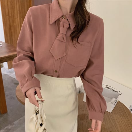 【3カラー】 ネクタイ付き ブラウス シャツ ポロカラー 長袖 ルーズ ゆったり レトロ 韓国ファッション レディース 大人可愛い ガーリー フェミニン カジュアル DTC-666006672660