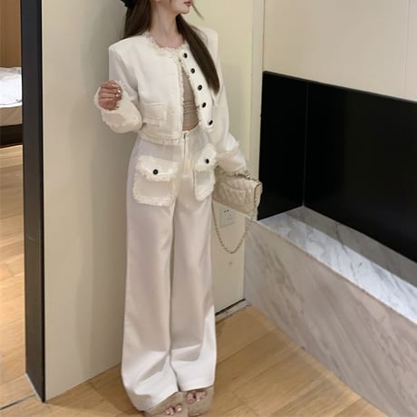セットアップ ショートジャケット ワイドパンツ フリンジ タッセル ノーカラージャケット ハイウエスト レトロ 韓国ファッション レディース 大人可愛い ガーリー DTC-766276677738