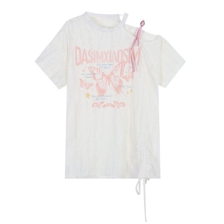 セットアップ 単品 ユーズド加工 Tシャツ ワイドパンツ ホルターネック ワンショルダー ドロスト 半袖 レトロ 韓国ファッション レディース 大人可愛い ガーリー DTC-805276142417