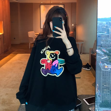 トレーナー 落書き風 クマちゃん プリント ルーズ スウェット 韓国ファッション レディース ラウンドネック 長袖 ガーリー (DTC-624906211705)