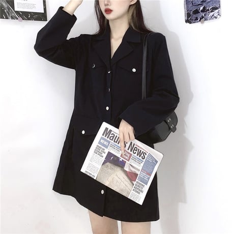 ワンピース ベルト付き ポケットチェーン ジャケット風 韓国ファッション レディース シングルブレスト ハイウエスト ガーリー DTC-624889485862