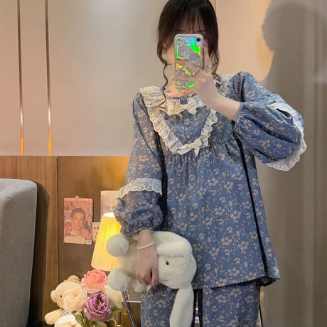 ルームウェア セットアップ パジャマ 花柄 レース リボン フリル トップス パンツ 上下セット 韓国ファッション レディース 大人可愛い ガーリー フェミニン DTC-656976139006