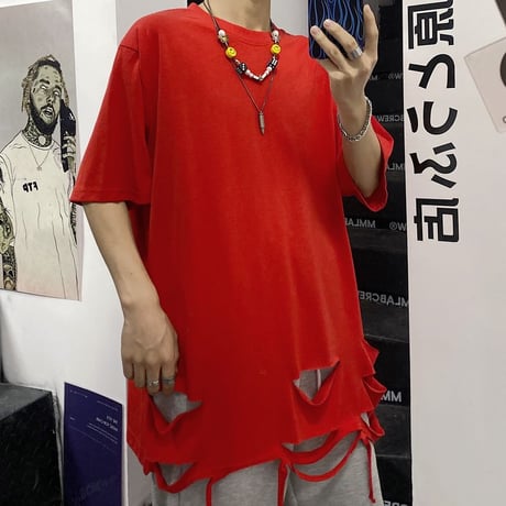 ユニセックス tシャツ ダメージ加工 半袖 オーバーサイズ カジュアル 韓国ファッション メンズ レディース ストリートファッション DTC-618883841543