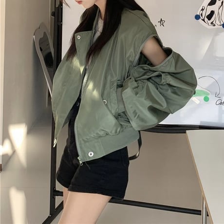 ミリタリー風 ブルゾン ジャンパー ショルダージップ バックプリント ルーズ 大人可愛い ガーリー カジュアル 韓国ファッション レディース ストリートファッション DTC-682381083902