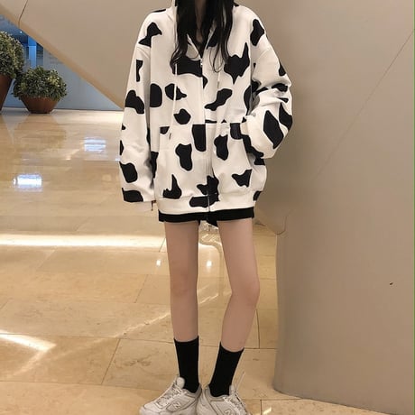 牛柄 パーカー ジップアップ オーバーサイズ 韓国ファッション レディース ルーズ ジッパー 長袖 ゆったり 大きめ ルーズ カジュアル ストリート ファッション DTC-628266604018