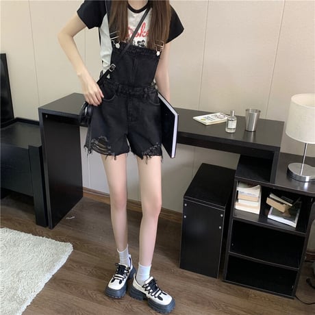 デニム サロペット オーバオール ダメージ加工 ヴィンテージ風 ショート丈 薄手 レトロ 韓国ファッション レディース 大人可愛い ガーリー カジュアル DTC-678842513408