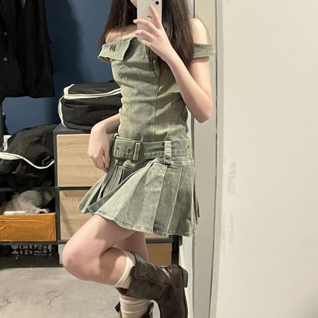デニムワンピース ノースリーブ オフショルダー Aライン デニム ミニワンピース レトロ 大人可愛い ガーリー Y2Kファッション DTCA-803483945595