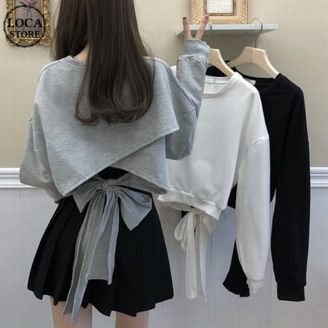 Tシャツ スウェット バックリボン プルオーバー オープンバック ショート丈 長袖 韓国ファッション レディース トップス 大人可愛い ガーリー カジュアル DTC-652203511871