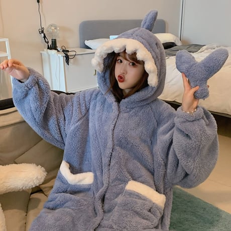 ナイトガウン ルームウェア パジャマ シャーク サメ フード付き もこもこ ボア 部屋着 寝間着 韓国ファッション レディース 大人可愛い ガーリー DTC-656222082108