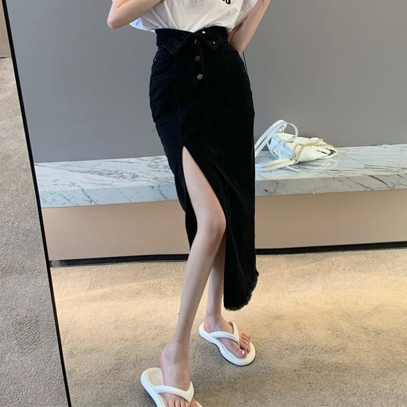 DABUWAWA ロング スカート フロントボタン ハイウエスト 大人気 ハイウエスト デニムスカート フロントボタン スリット ロング