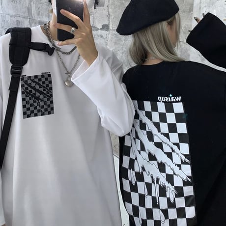 ユニセックス Tシャツ 長袖 モノトーンフラッグ柄 爪痕 オーバーサイズ 韓国ファッション メンズ レディース ロンT カジュアル ストリートファッション DTC-651649556386