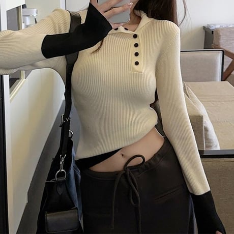 リブニット 配色 カフス バイカラー ニット トップス スリムフィット ニットソー 長袖 レトロ 大人可愛い ガーリー カジュアル DTCA-867144551057