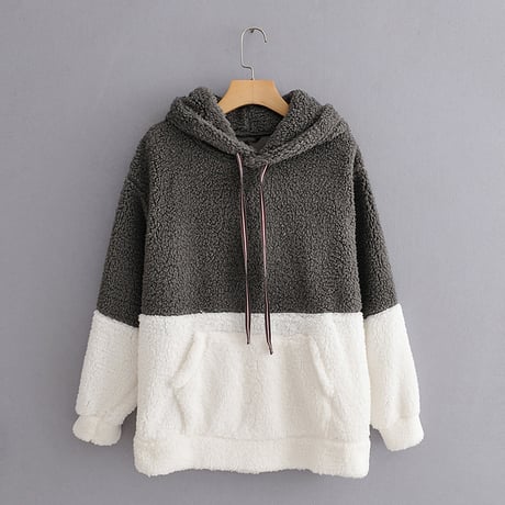 ボアパーカー バイカラー プルオーバー 韓国 ファッション レディース ストリート系 ルーズ トップス フード付き オーバーサイズ 秋冬 秋 冬 (DTC-603947172511)