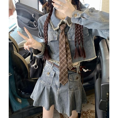 セットアップ デニム デニムジャケット プリーツスカート 長袖 クロップド丈 ベルト ネクタイ クラッシュ加工 韓国ファッション レディース 大人可愛い ガーリー DTC-681912441007