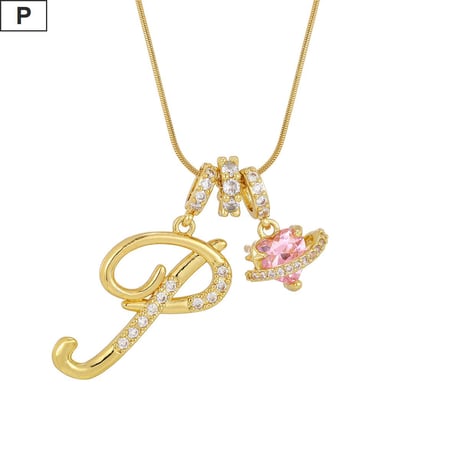 イニシャル Ａ-Ｚ ネックレス チェーン付き ゴールド アルファベット ハートチャーム スネークボーンチェーン ペンダント アクセサリー 合金 ジュエリー DTCA-1026122476779