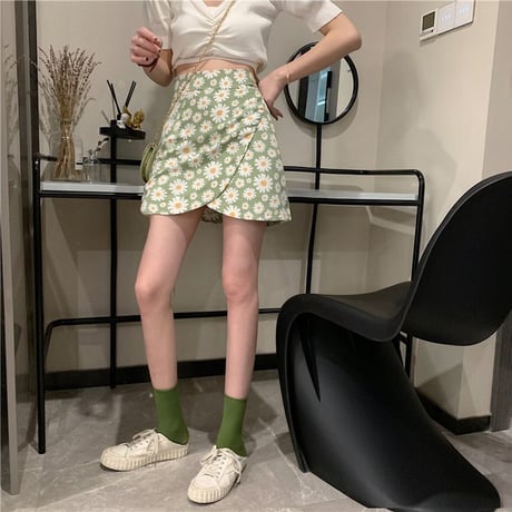 花柄 スカート アシンメトリー ショート丈 グリーン 韓国ファッション レディース ミニスカート シフォン Aライン ハイウエスト レトロ ガーリー 616121572098