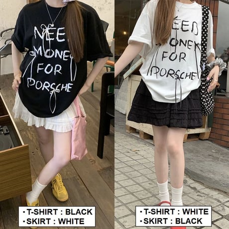 Tシャツ リボン 英字 オーバーサイズ トップス 半袖 スカート ティアードミニスカート フリル レトロ 韓国ファッション レディース 大人可愛い ガーリー DTC-789326173684