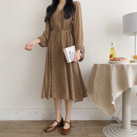 レディース ロングワンピース 長袖 ドット柄 レトロ風 フェミニン Vネック 韓国ファッション オルチャン (DCT-577551628325)