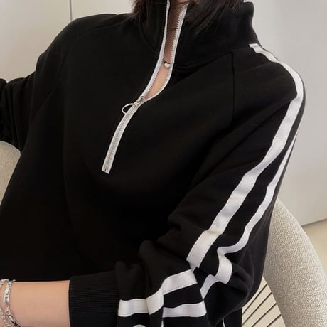 ハーフジップ ワンピース サイドライン ハイネック ロング丈 スウェット ゆったりウエスト レトロ 韓国ファッション レディース 大人可愛い ガーリー カジュアル DTCA-829151967555