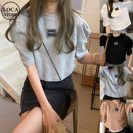 クロップド丈 Tシャツ へそ出し パフ袖 半袖 ラウンドネック ルーズ 韓国ファッション レディース ショート丈 トップス カットソー 夏 大人可愛い ガーリー DTC-641446398844