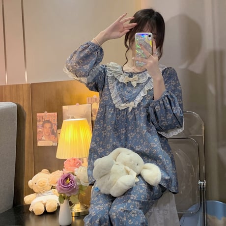 ルームウェア セットアップ パジャマ 花柄 レース リボン フリル トップス パンツ 上下セット 韓国ファッション レディース 大人可愛い ガーリー フェミニン DTC-656976139006
